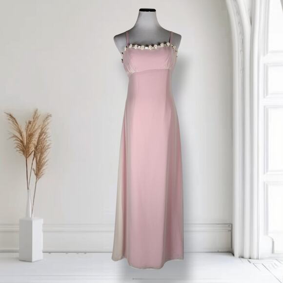 Vintage Jim Hjelm Blush Pink Chiffon Beaded Floral Maxi Gown Sz 4 USA Made